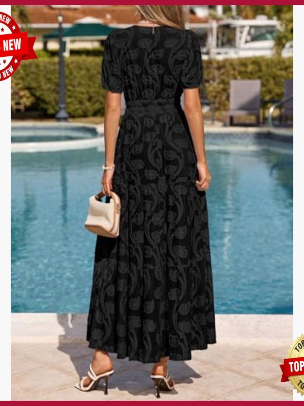 Boho Maxi Dress V-Neck Short Sleeve Elastic Waist Floral Long Casual - Picture 5 of 7